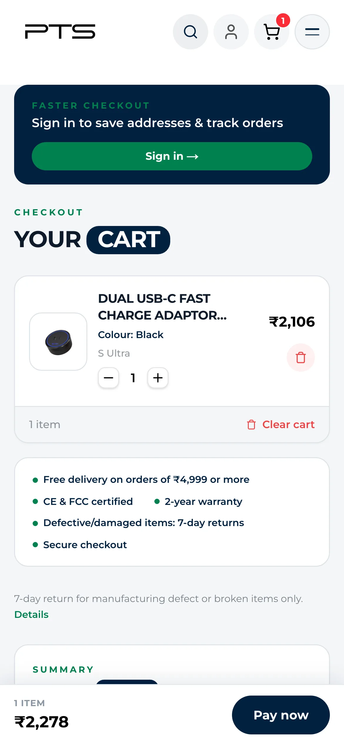 Cart and checkout on desktop and phone: coupon, fee breakdown, Pay Online via Razorpay and a sticky Pay now bar on mobile (phone)