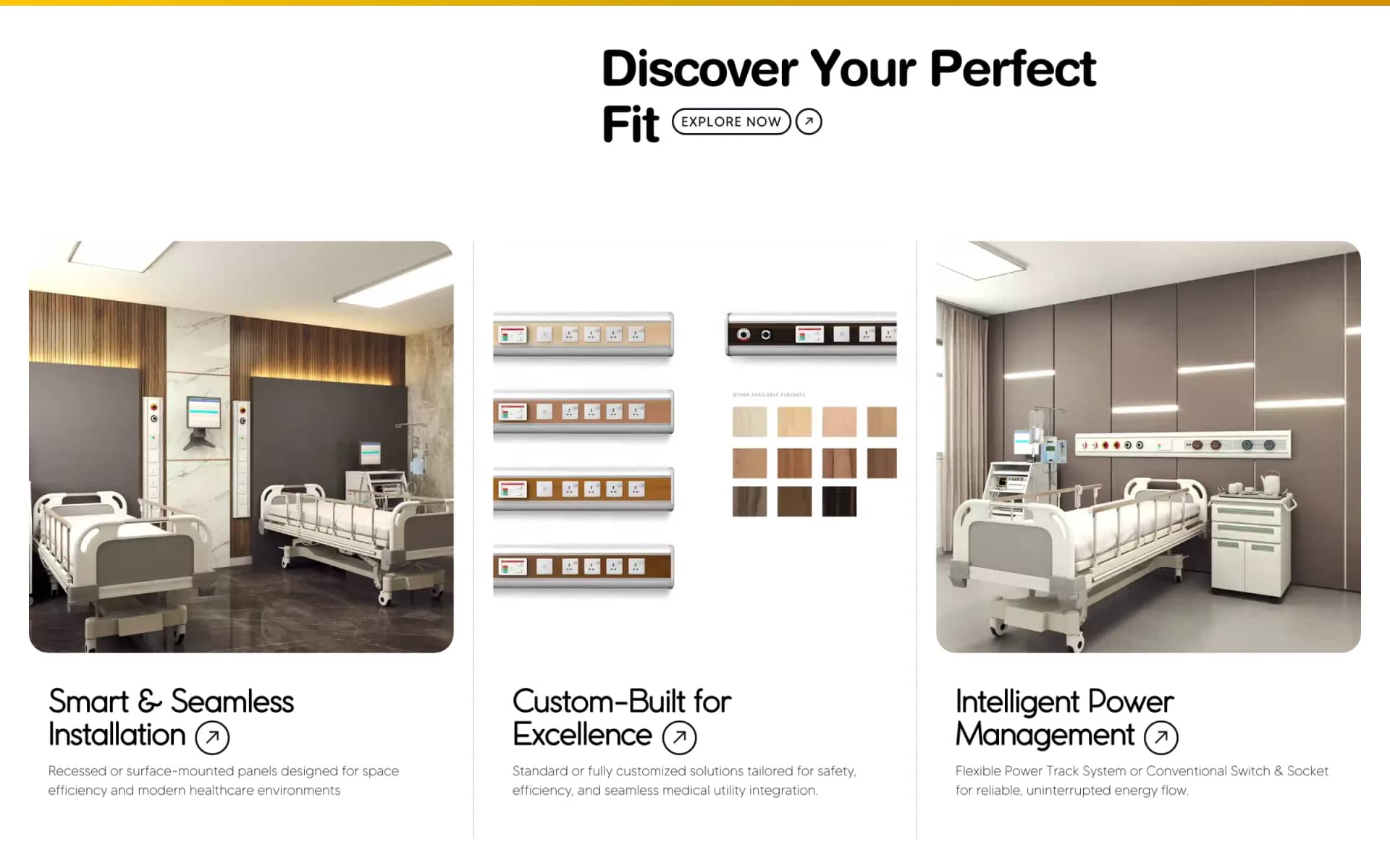 Home page, "Discover Your Perfect Fit": three ways in, with the wood-finish range shown beside the panels