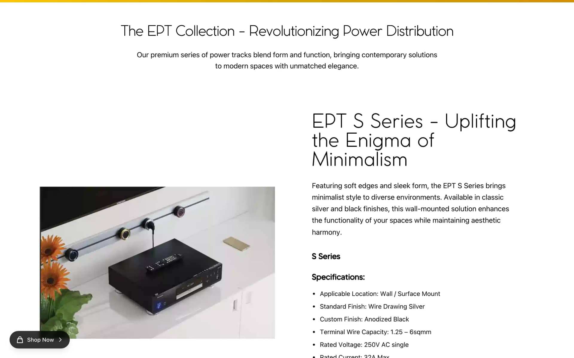 The PowerTrack page: EPT series specifications, with the sticky "Shop Now" pill bottom left
