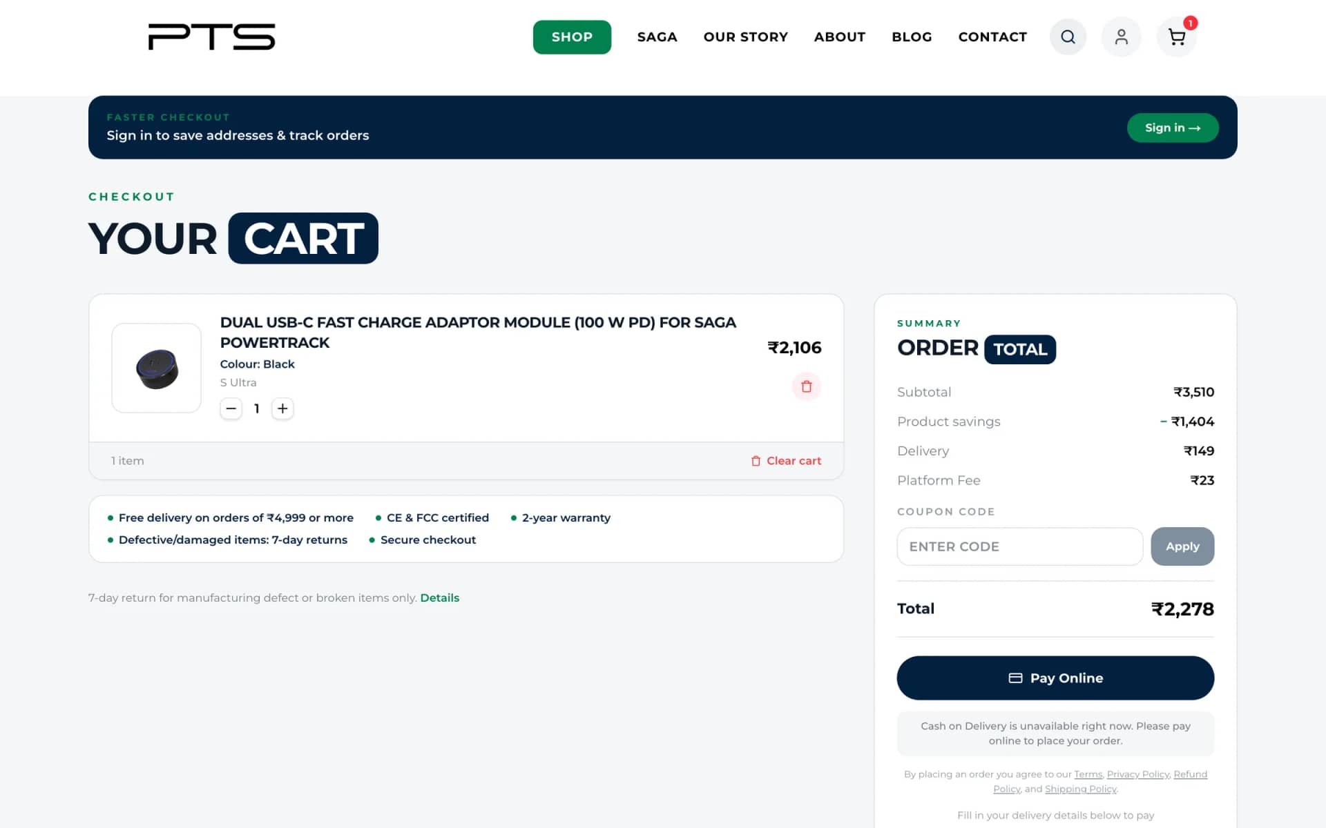 Cart and checkout on desktop and phone: coupon, fee breakdown, Pay Online via Razorpay and a sticky Pay now bar on mobile
