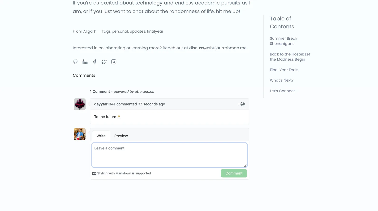 Utterances thread in the light theme: one comment and the reply box