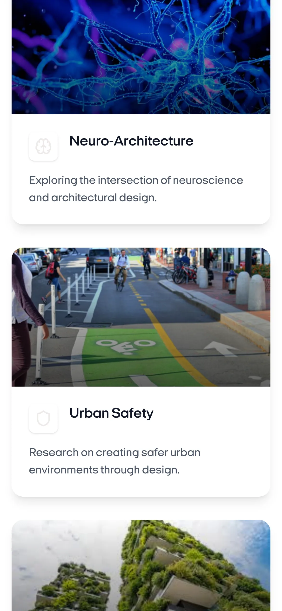The research-areas grid on desktop and on a phone (phone)