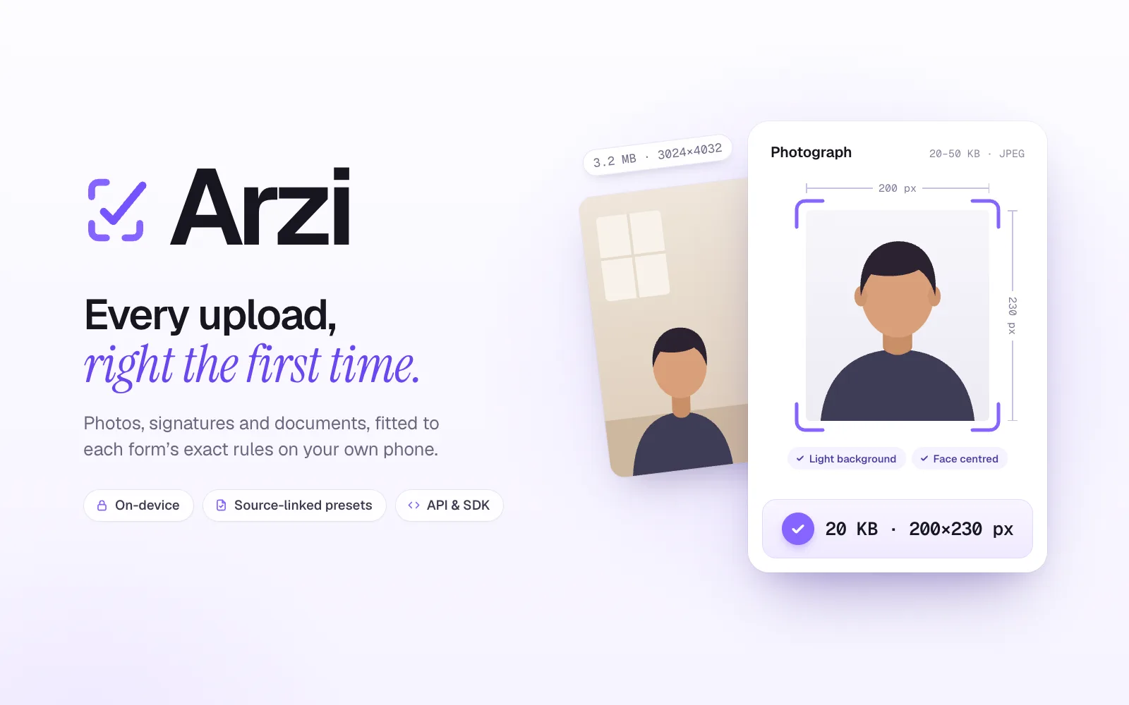 Arzi concept art: a 3.2 MB phone photo fitted to a form's photograph rule, 20 KB at 200 × 230 px, with a check