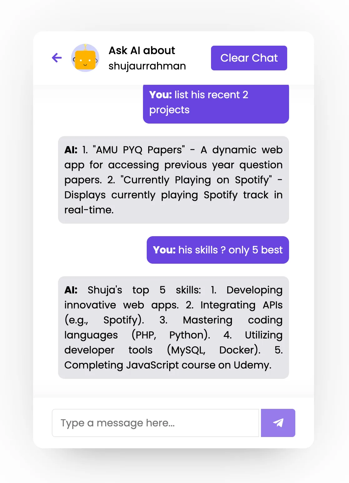 Ask AI chat listing two recent projects and five top skills