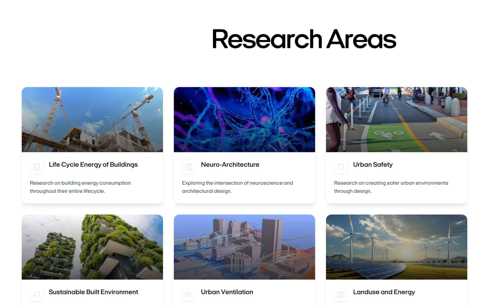 The research-areas grid on desktop and on a phone