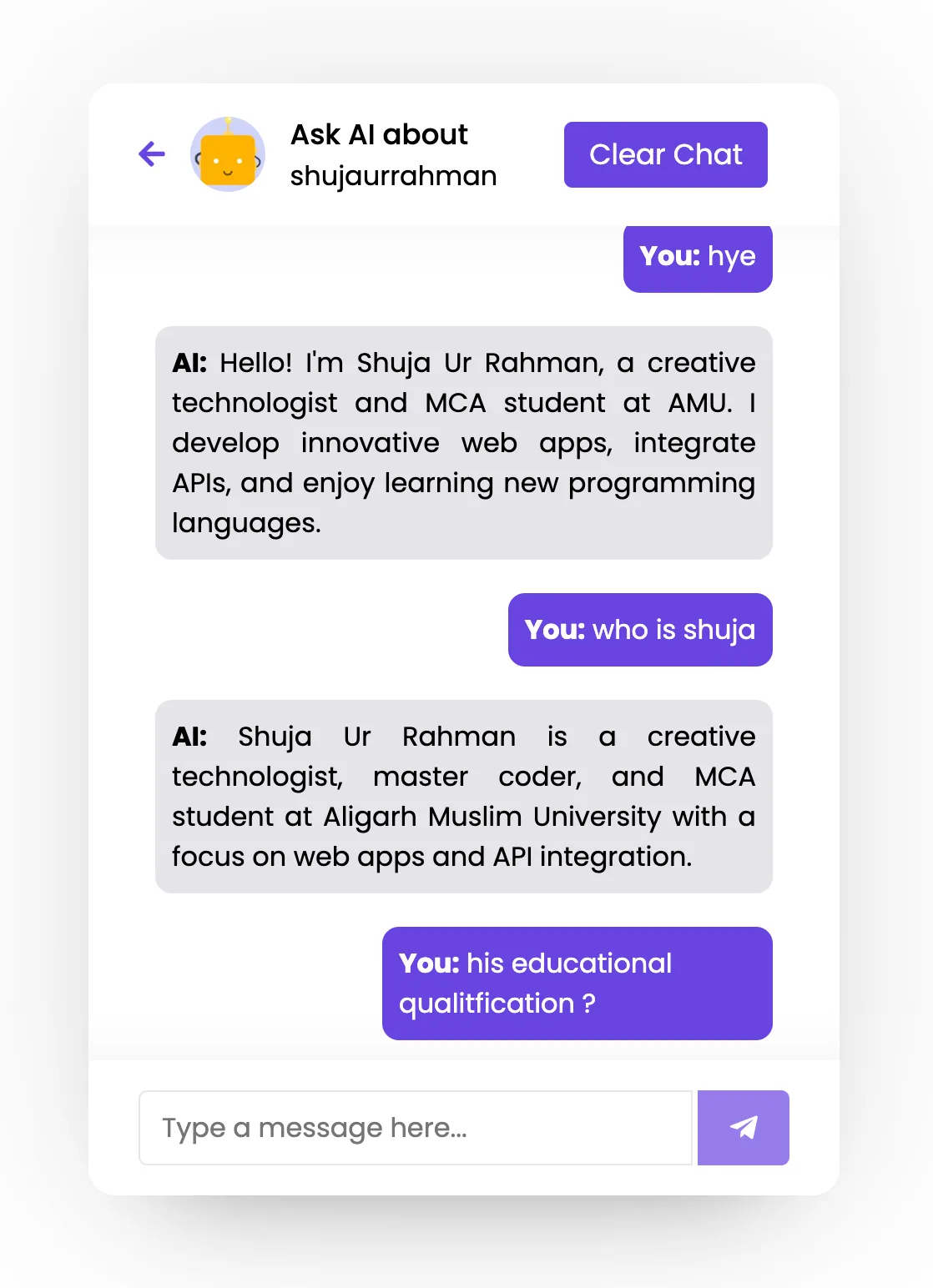 Ask AI chat answering “who is Shuja” with a short introduction