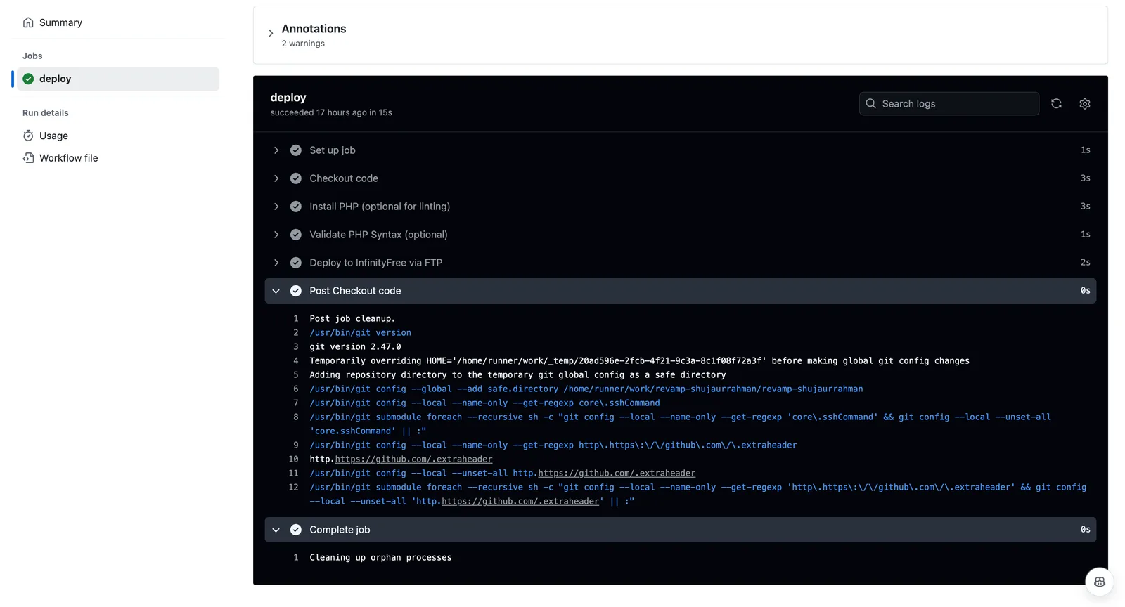GitHub Actions run of the deploy job with every step passed, including Deploy to InfinityFree via FTP